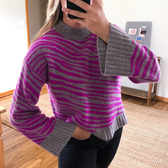 White + Warren 100% Cashmere Preppy Purple Zebra Mock Neck Wide Sleeve Sweater S - Picture 1 of 11